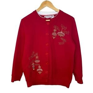 Red Fleece Button Up Holiday Christmas Embroidered Cardigan Ornaments Sweater
